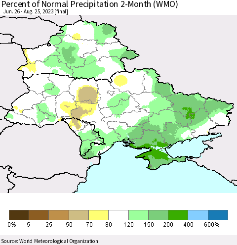Ukraine, Moldova and Belarus Percent of Normal Precipitation 2-Month (WMO) Thematic Map For 6/26/2023 - 8/25/2023