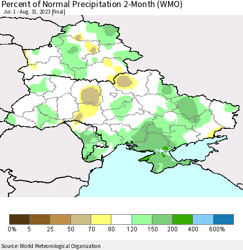 Ukraine, Moldova and Belarus Percent of Normal Precipitation 2-Month (WMO) Thematic Map For 7/1/2023 - 8/31/2023