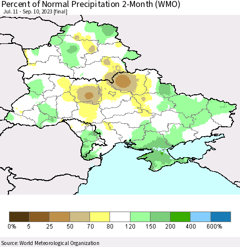 Ukraine, Moldova and Belarus Percent of Normal Precipitation 2-Month (WMO) Thematic Map For 7/11/2023 - 9/10/2023