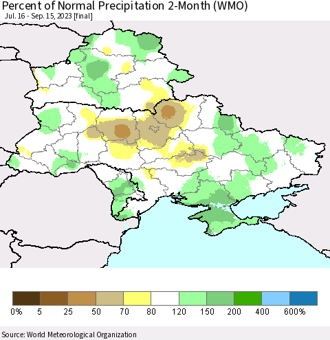 Ukraine, Moldova and Belarus Percent of Normal Precipitation 2-Month (WMO) Thematic Map For 7/16/2023 - 9/15/2023