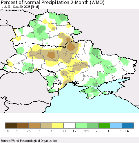 Ukraine, Moldova and Belarus Percent of Normal Precipitation 2-Month (WMO) Thematic Map For 7/21/2023 - 9/20/2023