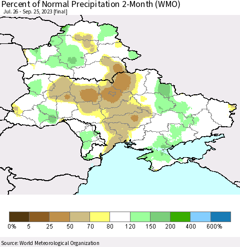 Ukraine, Moldova and Belarus Percent of Normal Precipitation 2-Month (WMO) Thematic Map For 7/26/2023 - 9/25/2023