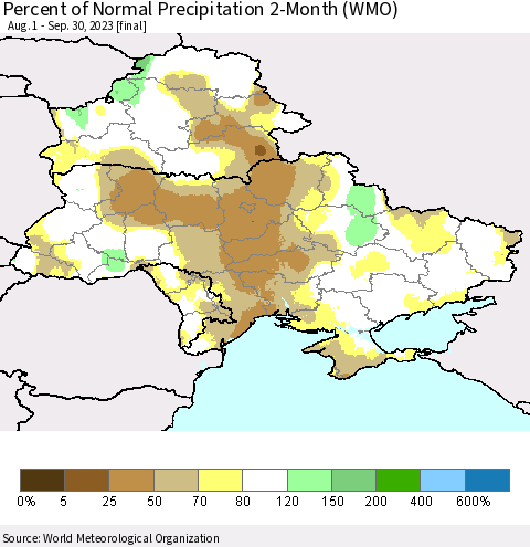 Ukraine, Moldova and Belarus Percent of Normal Precipitation 2-Month (WMO) Thematic Map For 8/1/2023 - 9/30/2023