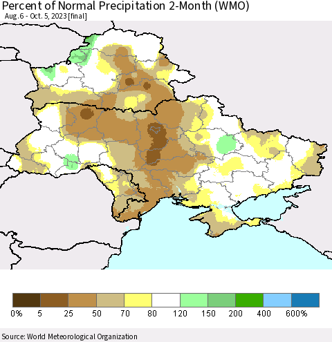 Ukraine, Moldova and Belarus Percent of Normal Precipitation 2-Month (WMO) Thematic Map For 8/6/2023 - 10/5/2023