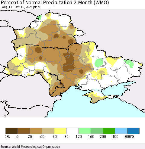 Ukraine, Moldova and Belarus Percent of Normal Precipitation 2-Month (WMO) Thematic Map For 8/11/2023 - 10/10/2023