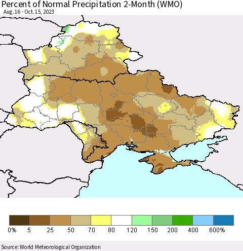 Ukraine, Moldova and Belarus Percent of Normal Precipitation 2-Month (WMO) Thematic Map For 8/16/2023 - 10/15/2023
