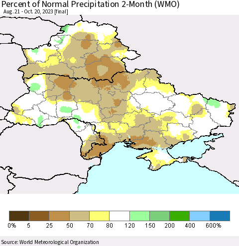 Ukraine, Moldova and Belarus Percent of Normal Precipitation 2-Month (WMO) Thematic Map For 8/21/2023 - 10/20/2023