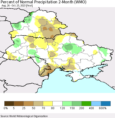Ukraine, Moldova and Belarus Percent of Normal Precipitation 2-Month (WMO) Thematic Map For 8/26/2023 - 10/25/2023