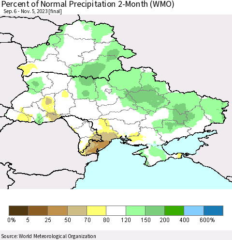 Ukraine, Moldova and Belarus Percent of Normal Precipitation 2-Month (WMO) Thematic Map For 9/6/2023 - 11/5/2023