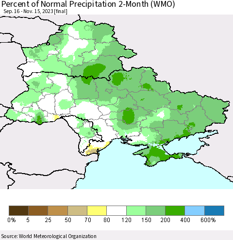 Ukraine, Moldova and Belarus Percent of Normal Precipitation 2-Month (WMO) Thematic Map For 9/16/2023 - 11/15/2023
