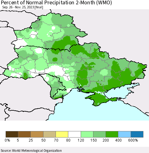 Ukraine, Moldova and Belarus Percent of Normal Precipitation 2-Month (WMO) Thematic Map For 9/26/2023 - 11/25/2023
