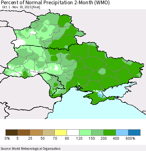 Ukraine, Moldova and Belarus Percent of Normal Precipitation 2-Month (WMO) Thematic Map For 10/1/2023 - 11/30/2023