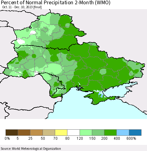 Ukraine, Moldova and Belarus Percent of Normal Precipitation 2-Month (WMO) Thematic Map For 10/11/2023 - 12/10/2023
