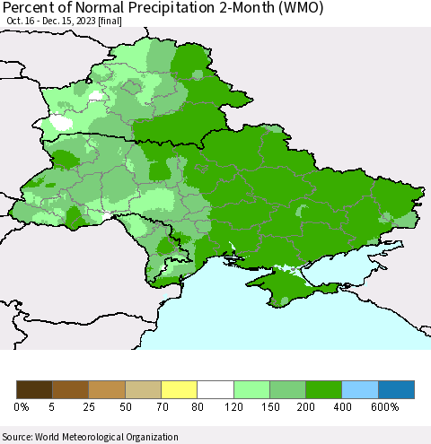 Ukraine, Moldova and Belarus Percent of Normal Precipitation 2-Month (WMO) Thematic Map For 10/16/2023 - 12/15/2023