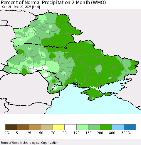 Ukraine, Moldova and Belarus Percent of Normal Precipitation 2-Month (WMO) Thematic Map For 10/21/2023 - 12/20/2023