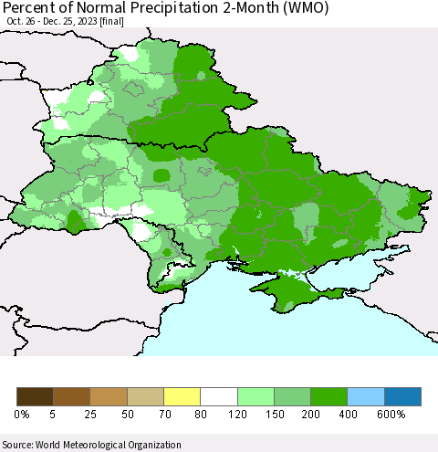 Ukraine, Moldova and Belarus Percent of Normal Precipitation 2-Month (WMO) Thematic Map For 10/26/2023 - 12/25/2023