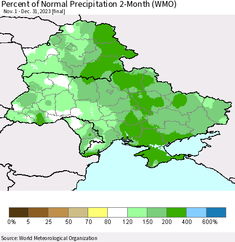 Ukraine, Moldova and Belarus Percent of Normal Precipitation 2-Month (WMO) Thematic Map For 11/1/2023 - 12/31/2023