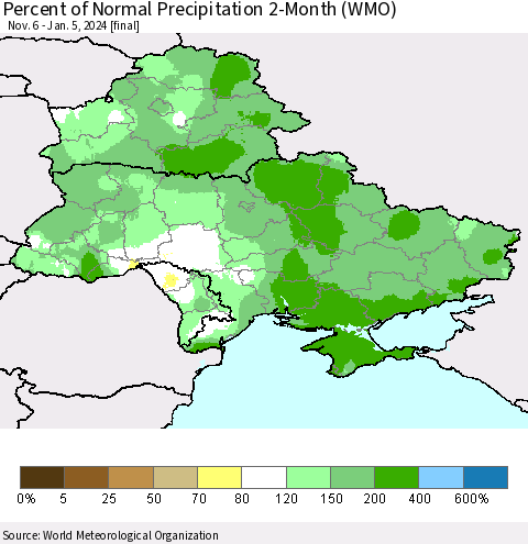 Ukraine, Moldova and Belarus Percent of Normal Precipitation 2-Month (WMO) Thematic Map For 11/6/2023 - 1/5/2024