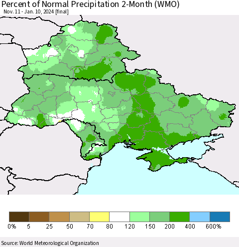 Ukraine, Moldova and Belarus Percent of Normal Precipitation 2-Month (WMO) Thematic Map For 11/11/2023 - 1/10/2024