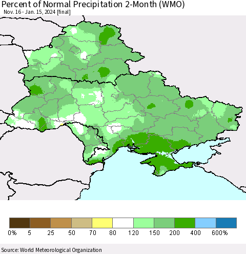 Ukraine, Moldova and Belarus Percent of Normal Precipitation 2-Month (WMO) Thematic Map For 11/16/2023 - 1/15/2024