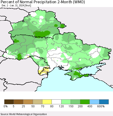 Ukraine, Moldova and Belarus Percent of Normal Precipitation 2-Month (WMO) Thematic Map For 12/1/2023 - 1/31/2024