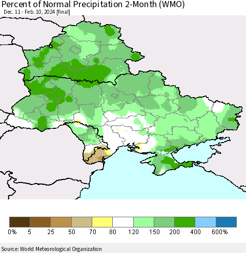 Ukraine, Moldova and Belarus Percent of Normal Precipitation 2-Month (WMO) Thematic Map For 12/11/2023 - 2/10/2024