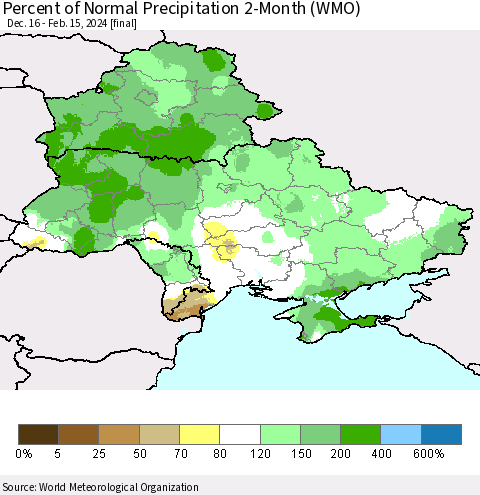 Ukraine, Moldova and Belarus Percent of Normal Precipitation 2-Month (WMO) Thematic Map For 12/16/2023 - 2/15/2024