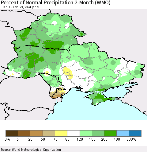 Ukraine, Moldova and Belarus Percent of Normal Precipitation 2-Month (WMO) Thematic Map For 1/1/2024 - 2/29/2024