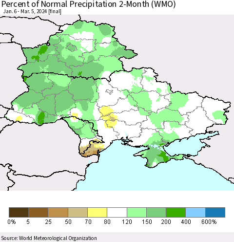 Ukraine, Moldova and Belarus Percent of Normal Precipitation 2-Month (WMO) Thematic Map For 1/6/2024 - 3/5/2024