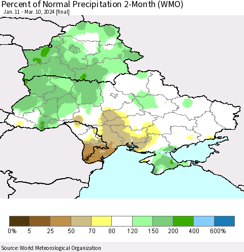 Ukraine, Moldova and Belarus Percent of Normal Precipitation 2-Month (WMO) Thematic Map For 1/11/2024 - 3/10/2024