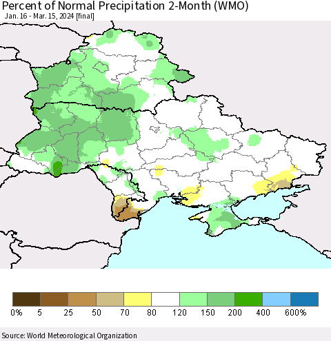 Ukraine, Moldova and Belarus Percent of Normal Precipitation 2-Month (WMO) Thematic Map For 1/16/2024 - 3/15/2024