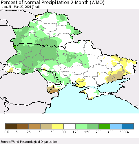 Ukraine, Moldova and Belarus Percent of Normal Precipitation 2-Month (WMO) Thematic Map For 1/21/2024 - 3/20/2024