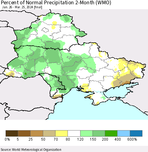 Ukraine, Moldova and Belarus Percent of Normal Precipitation 2-Month (WMO) Thematic Map For 1/26/2024 - 3/25/2024
