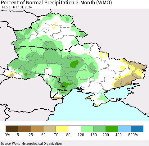 Ukraine, Moldova and Belarus Percent of Normal Precipitation 2-Month (WMO) Thematic Map For 2/1/2024 - 3/31/2024