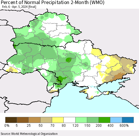 Ukraine, Moldova and Belarus Percent of Normal Precipitation 2-Month (WMO) Thematic Map For 2/6/2024 - 4/5/2024