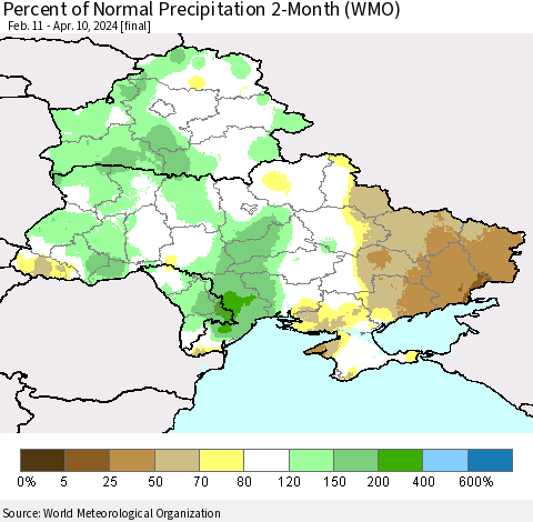 Ukraine, Moldova and Belarus Percent of Normal Precipitation 2-Month (WMO) Thematic Map For 2/11/2024 - 4/10/2024