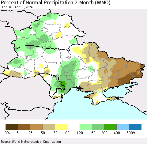 Ukraine, Moldova and Belarus Percent of Normal Precipitation 2-Month (WMO) Thematic Map For 2/16/2024 - 4/15/2024