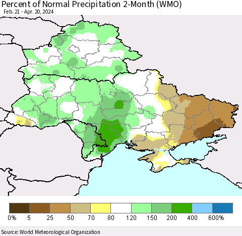 Ukraine, Moldova and Belarus Percent of Normal Precipitation 2-Month (WMO) Thematic Map For 2/21/2024 - 4/20/2024