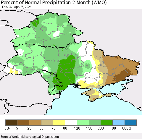 Ukraine, Moldova and Belarus Percent of Normal Precipitation 2-Month (WMO) Thematic Map For 2/26/2024 - 4/25/2024