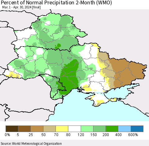 Ukraine, Moldova and Belarus Percent of Normal Precipitation 2-Month (WMO) Thematic Map For 3/1/2024 - 4/30/2024