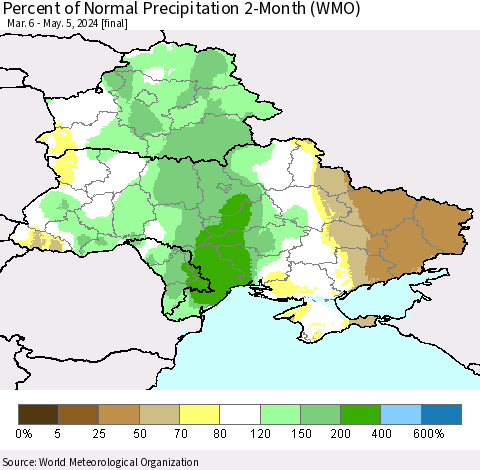 Ukraine, Moldova and Belarus Percent of Normal Precipitation 2-Month (WMO) Thematic Map For 3/6/2024 - 5/5/2024