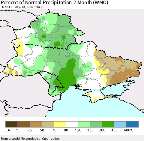Ukraine, Moldova and Belarus Percent of Normal Precipitation 2-Month (WMO) Thematic Map For 3/11/2024 - 5/10/2024