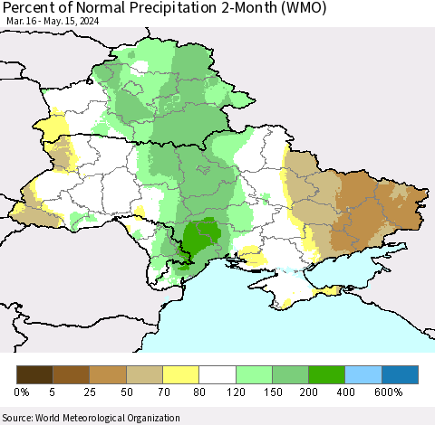 Ukraine, Moldova and Belarus Percent of Normal Precipitation 2-Month (WMO) Thematic Map For 3/16/2024 - 5/15/2024