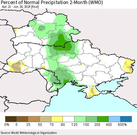 Ukraine, Moldova and Belarus Percent of Normal Precipitation 2-Month (WMO) Thematic Map For 4/21/2024 - 6/20/2024