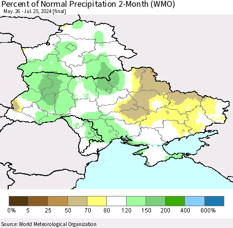 Ukraine, Moldova and Belarus Percent of Normal Precipitation 2-Month (WMO) Thematic Map For 5/26/2024 - 7/25/2024
