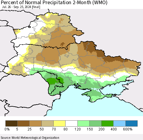 Ukraine, Moldova and Belarus Percent of Normal Precipitation 2-Month (WMO) Thematic Map For 7/26/2024 - 9/25/2024
