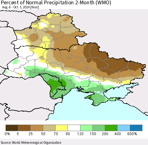 Ukraine, Moldova and Belarus Percent of Normal Precipitation 2-Month (WMO) Thematic Map For 8/6/2024 - 10/5/2024