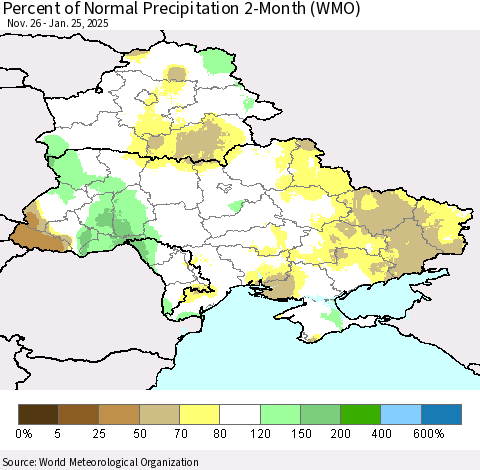 Ukraine, Moldova and Belarus Percent of Normal Precipitation 2-Month (WMO) Thematic Map For 11/26/2024 - 1/25/2025
