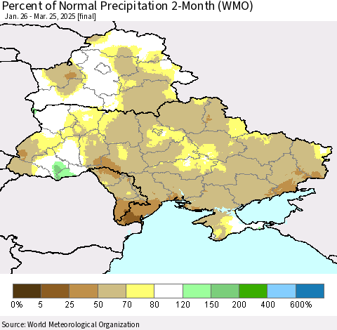 Ukraine, Moldova and Belarus Percent of Normal Precipitation 2-Month (WMO) Thematic Map For 1/26/2025 - 3/25/2025