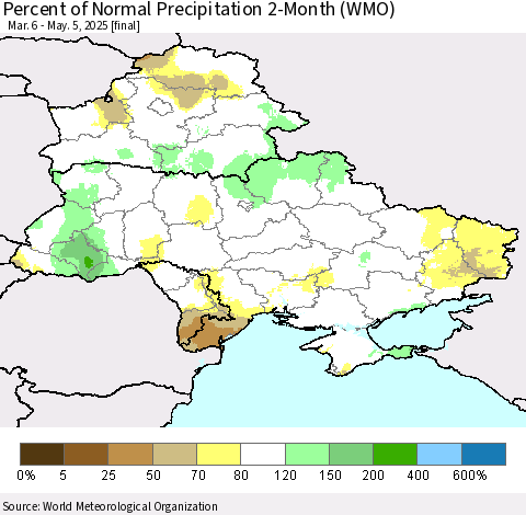 Ukraine, Moldova and Belarus Percent of Normal Precipitation 2-Month (WMO) Thematic Map For 3/6/2025 - 5/5/2025